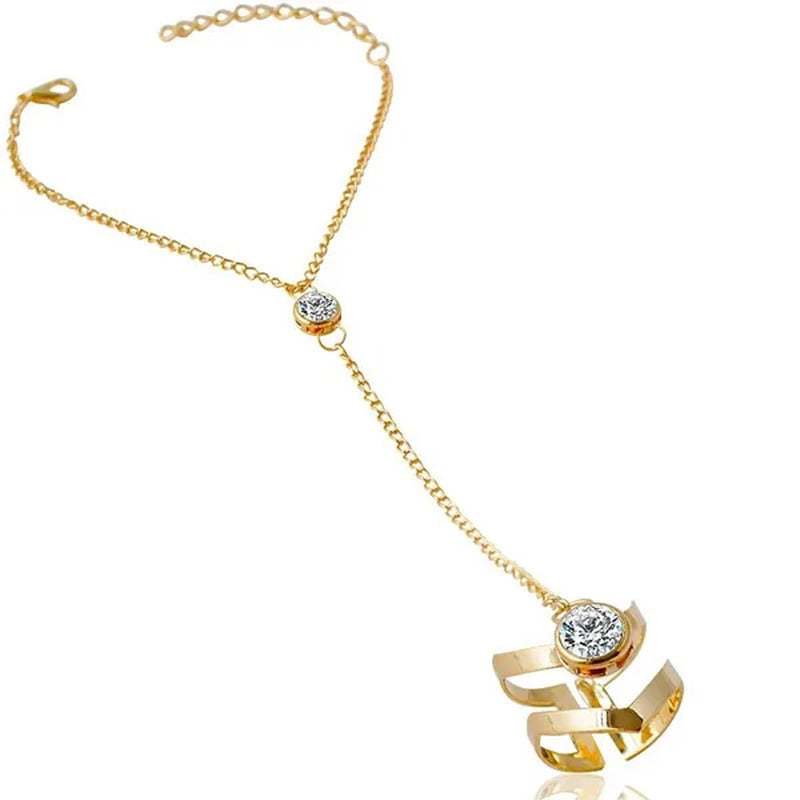 Vintage Gold Big Crystal Ring Bracelet Wrist Chain Jewelry Fashion Hand Back Ban
