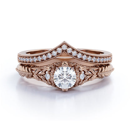 Engraved .68 Carat round Cut Real Diamond Victorian-Inspired Wedding Ring Set wi