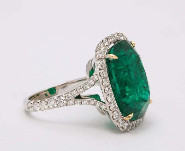 Cushion Cut Vivid Green Emerald and Diamond Ring