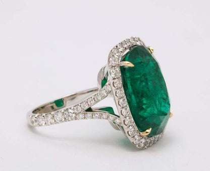 Cushion Cut Vivid Green Emerald and Diamond Ring