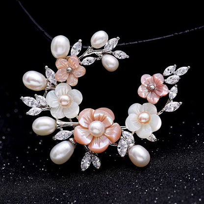 Fashion Accessorices Shell Pearl Flower Brooch Women Safety Pin White Pink