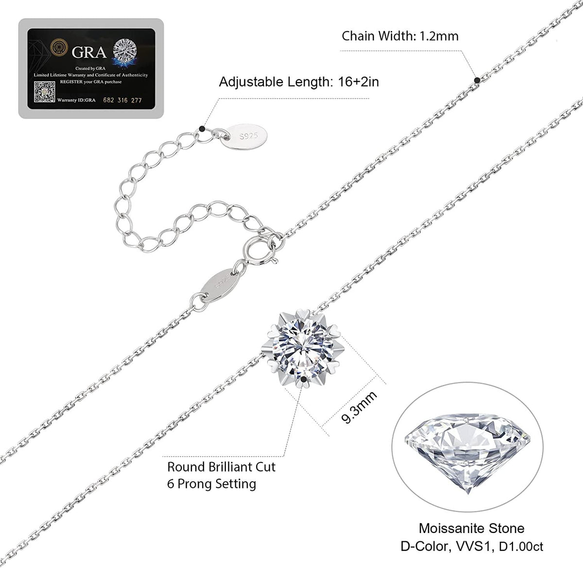 Moissanite Pendant Necklace, 1CT Lab Grown Diamond Stone with VVS1 Clarity D Col