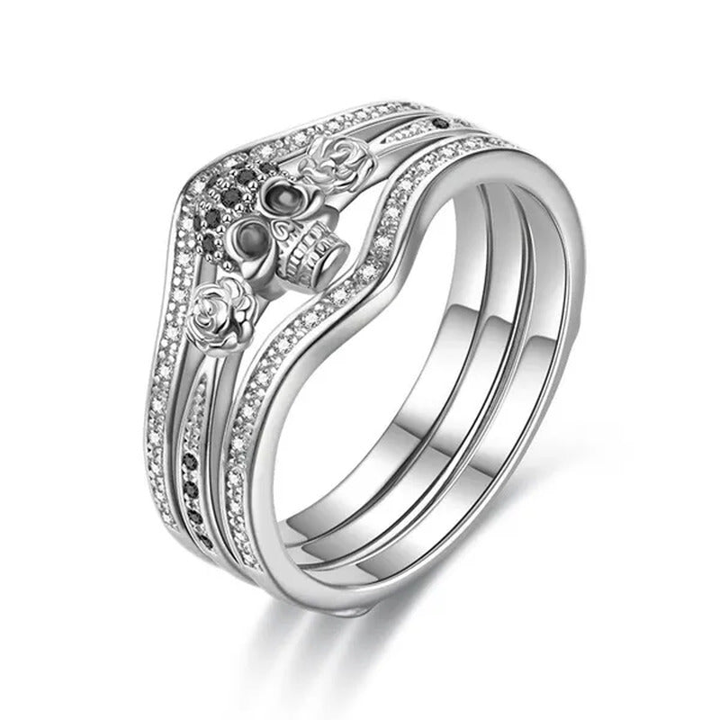 Skull Roses Ring Set Zircon Crystal Black Fashion Wedding Jewelry Gift Rings
