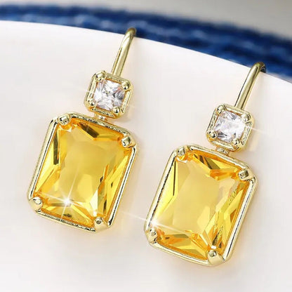Trendy Square Cut Citrine Earrings for Women Yellow Gold Plated Gemstone Hook Dr