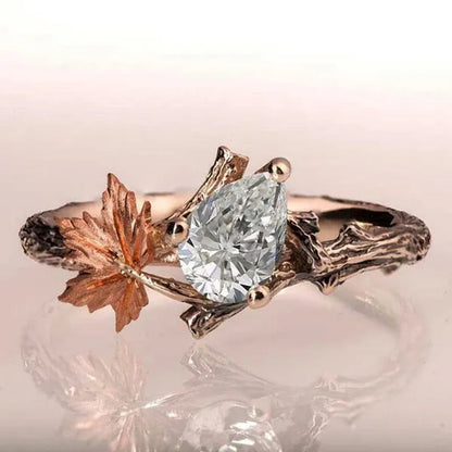 Vintage Maple Leaves Ring Women'S Fashion Rose Gold Twig Leaf Moonstone Ring Set