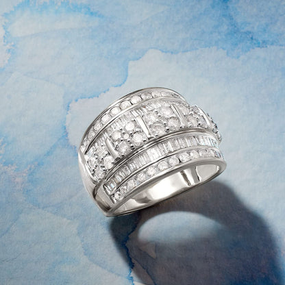 2.00 Ct. T.W. Baguette and round Diamond Multi-Row Ring in Sterling Silver