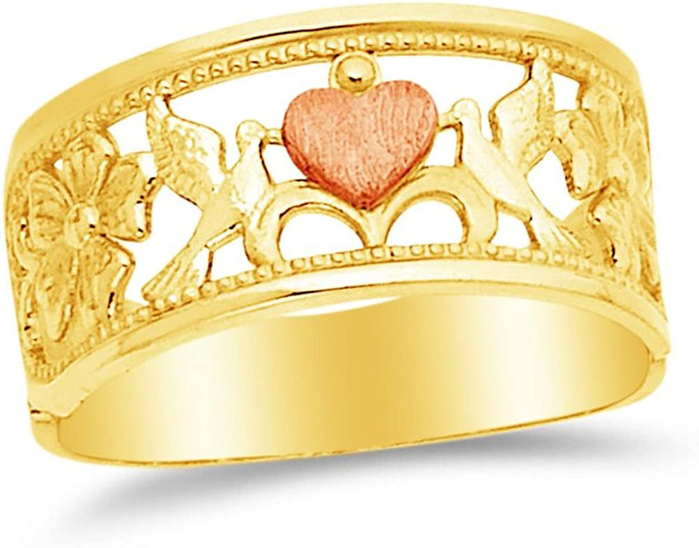 14K Rose Yellow & White Gold Fancy Fashion Dove Flower Heart Ring