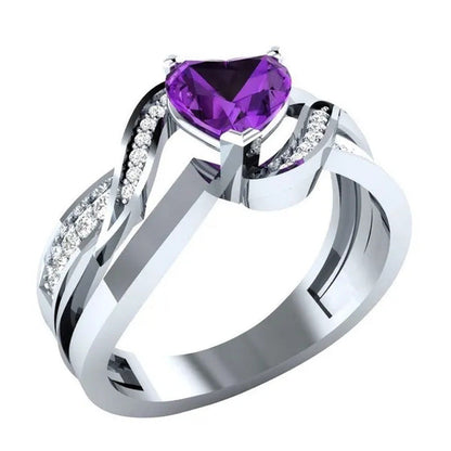 Fashion 925 Sterling Silver Heart Cut Purple Natural Amethyst & Diamond Ring Jew