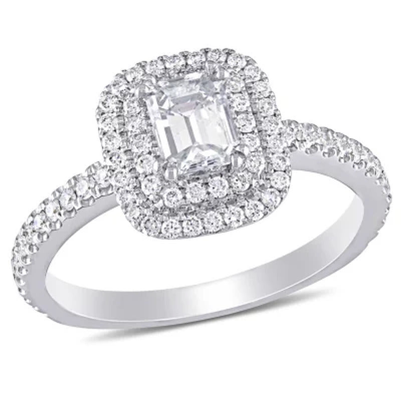 Allura 0.95 CT. T.W. Emerald and Round-Cut Diamond Double Halo Engagement Ring i
