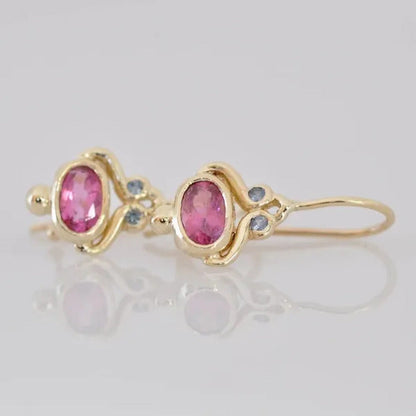 Unique Blue Sapphire Oval Pink Tourmaline Gemstone Dangle Hook Earrings Women Je
