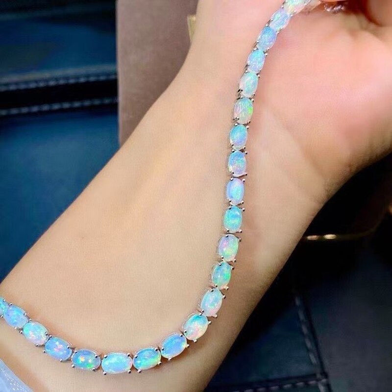 Natural Opal Simple Bracelet 925 Sterling Silver Colorful Stone Bangle for Women