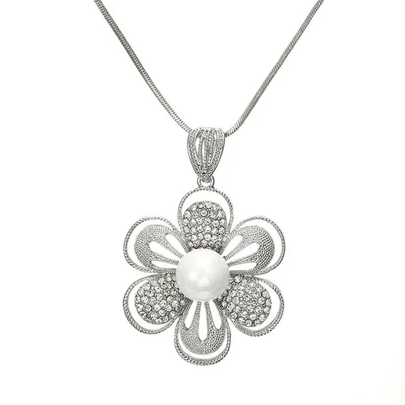 Fashion All-Match Dress Diamond Large Flower Highlight Pearl Sweater Chain Long