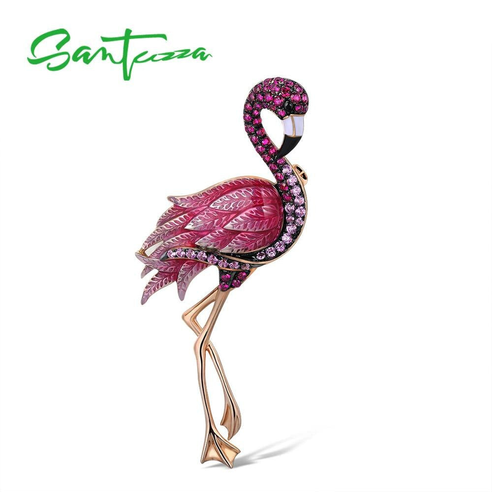 Silver Brooch for Women Pure 925 Sterling Silver Rose Gold Color Flamingo Bird A