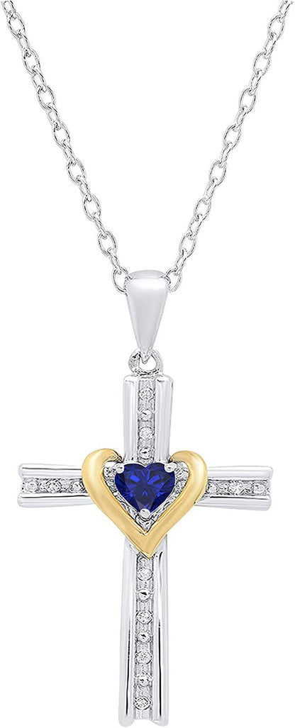 4 MM Heart Lab Created Gemstone & round Natural Diamond Ladies Heart Cross Penda