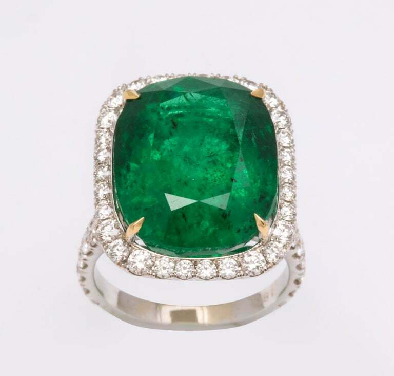Cushion Cut Vivid Green Emerald and Diamond Ring