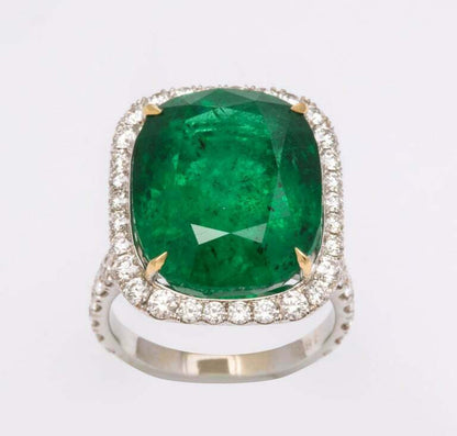 Cushion Cut Vivid Green Emerald and Diamond Ring