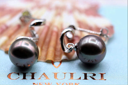 Elegant AAA Quality Genuine 8.5-9.5Mm Tahitian Black Pearl Dangle Drop Earrings
