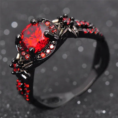 Exquisite Flower Shiny Red Garnet Ring Fashion Jewelry Vintage Black Gold Filled