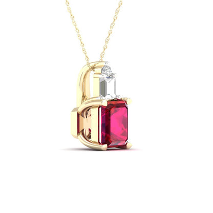Imperial Gemstone 10K Yellow Gold Octagonal Cut Ruby and Diamond Pendant Necklac