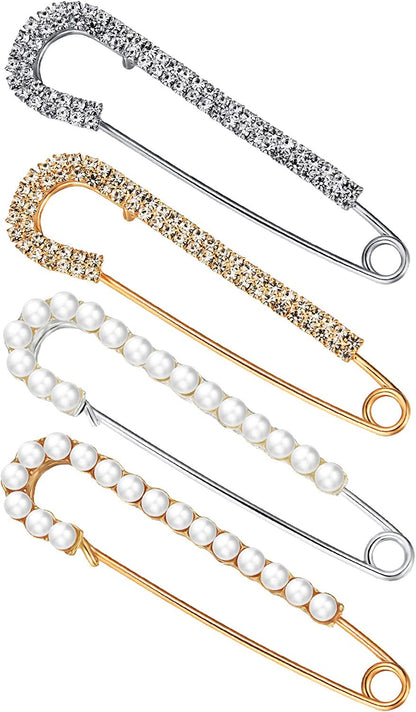 Women Brooch Pins Sweater Shawl Clips Faux Crystal and Pearl Brooches, Safety Pi