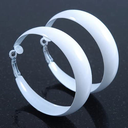 Wide Large White Enamel Hoop Earrings - 55Mm Diameter