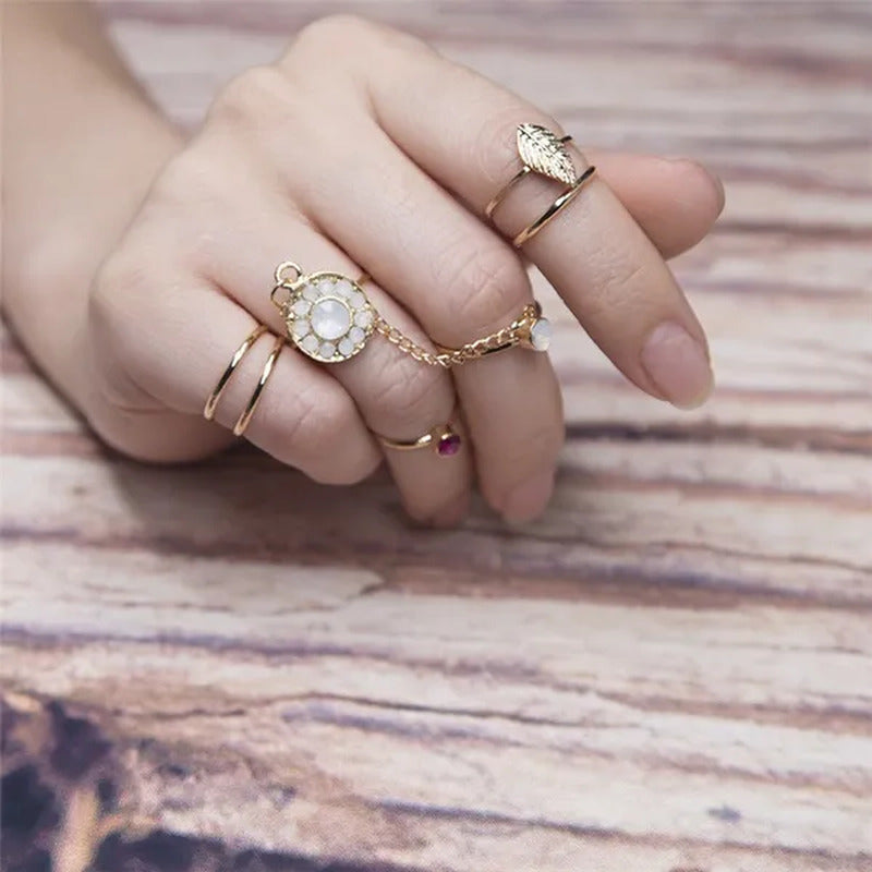 7Pcs/Set Europe and the United States Retro Inlaid Moonlight Ruby Chain Knuckle