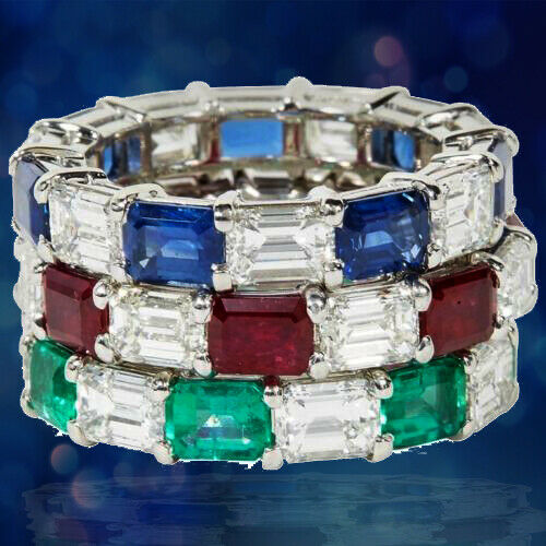 Emerald Sapphire Ruby and Diamond Emerald Cut Eternity Bands