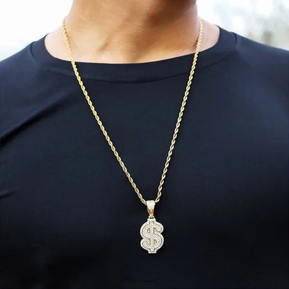 Full Diamonds Heart Shape / US Dollar Symbol Pendant with 24" Rope Chain Necklac