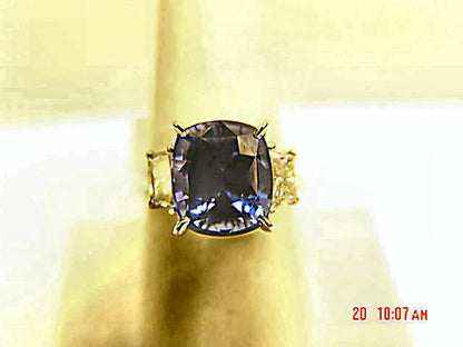 SAPPHIRE CUSHION 8.04 CT DIAMOND .75CT TRAPEZOID RING 18 K WHITE GOLD RESIZEABLE