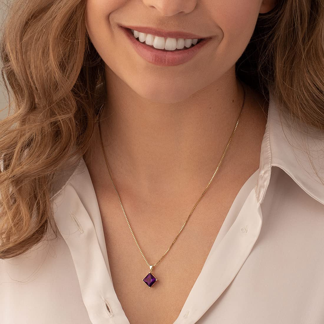 Amethyst Pendant in 14 Karat Yellow Gold, Classic Solitaire, Princess Cut, 8Mm,