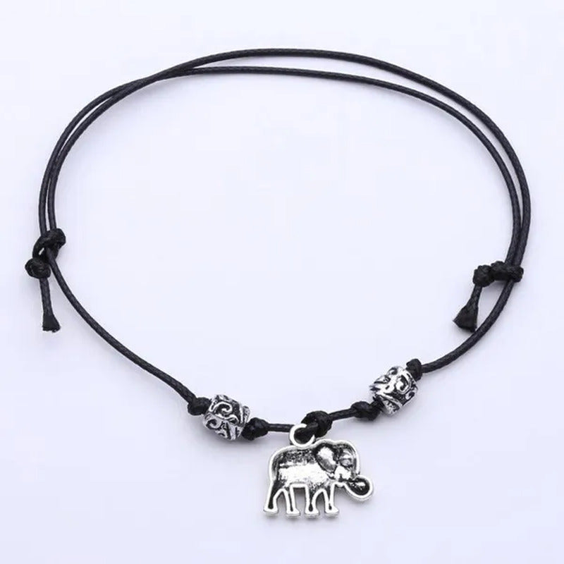 Vintage Elephant Beaded Anklet Handmade Black Rope Chain Ankle Bracelet for Wome
