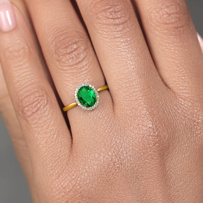 10K Yellow Gold Green Simulated Emerald and Diamond Women Engagement Ring (1.00