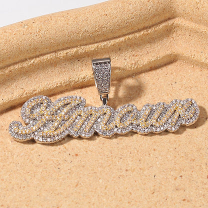 Custom Name Necklace Bubble Edwardian Script Letter Iced Out White Pink CZ