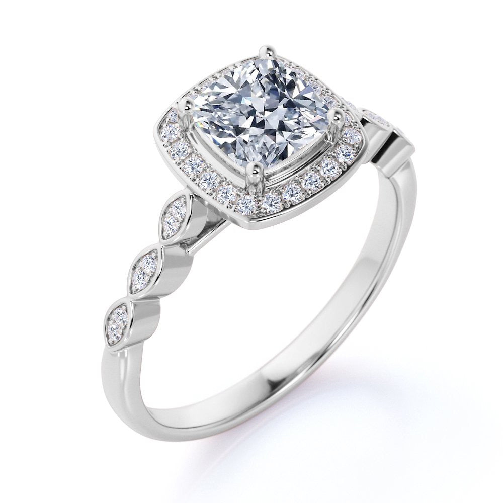 1.25 Carat Cushion Cut Moissanite and Diamond Vintage Engagement Ring in 10K Whi