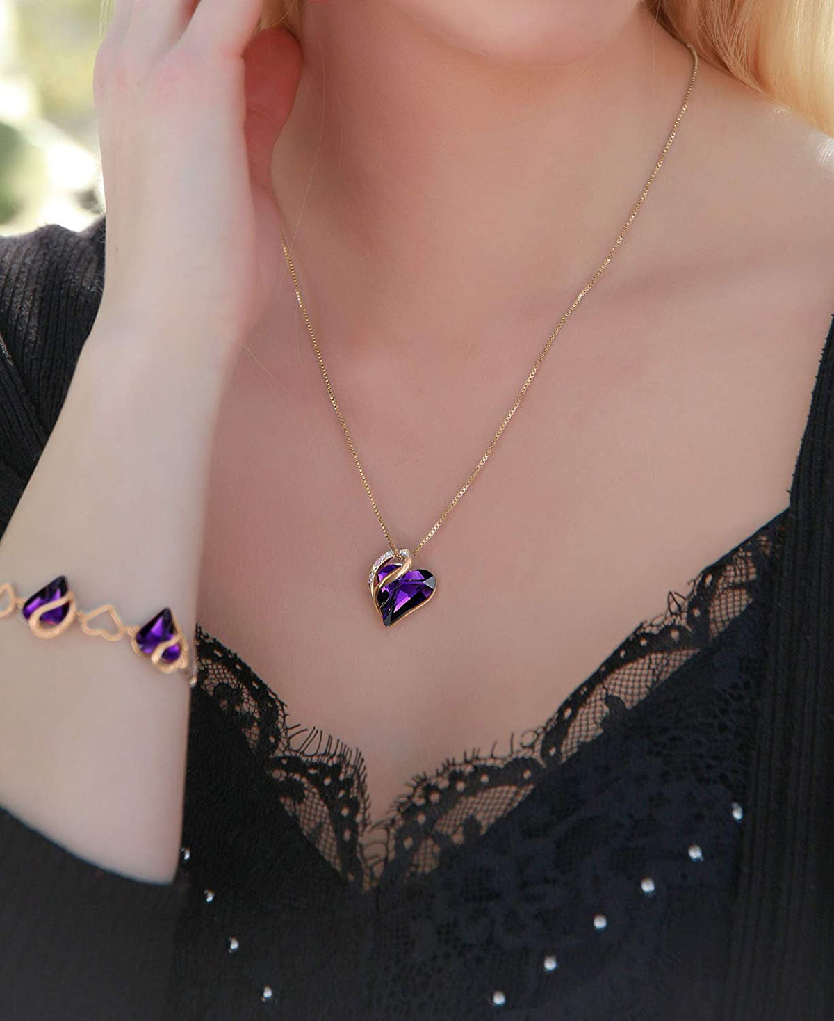18K Rose Gold Plated Love Heart Pendant Necklace with Healing Stone Crystal Jewe