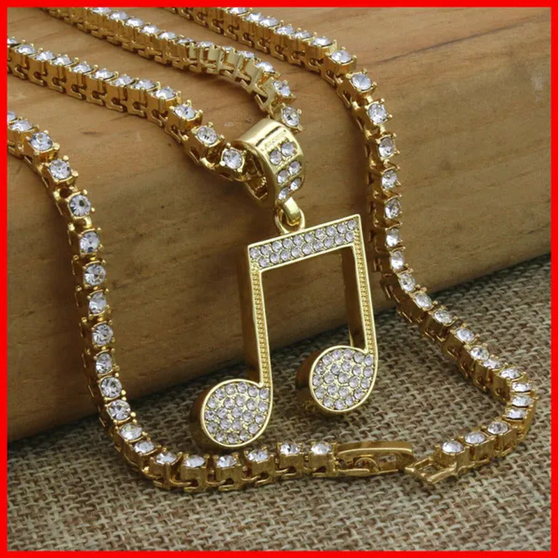 Unisex 14K Gold PT Music Note Iced Icon Pendant 4Mm 24" Hip Hop Tennis Chain Nec