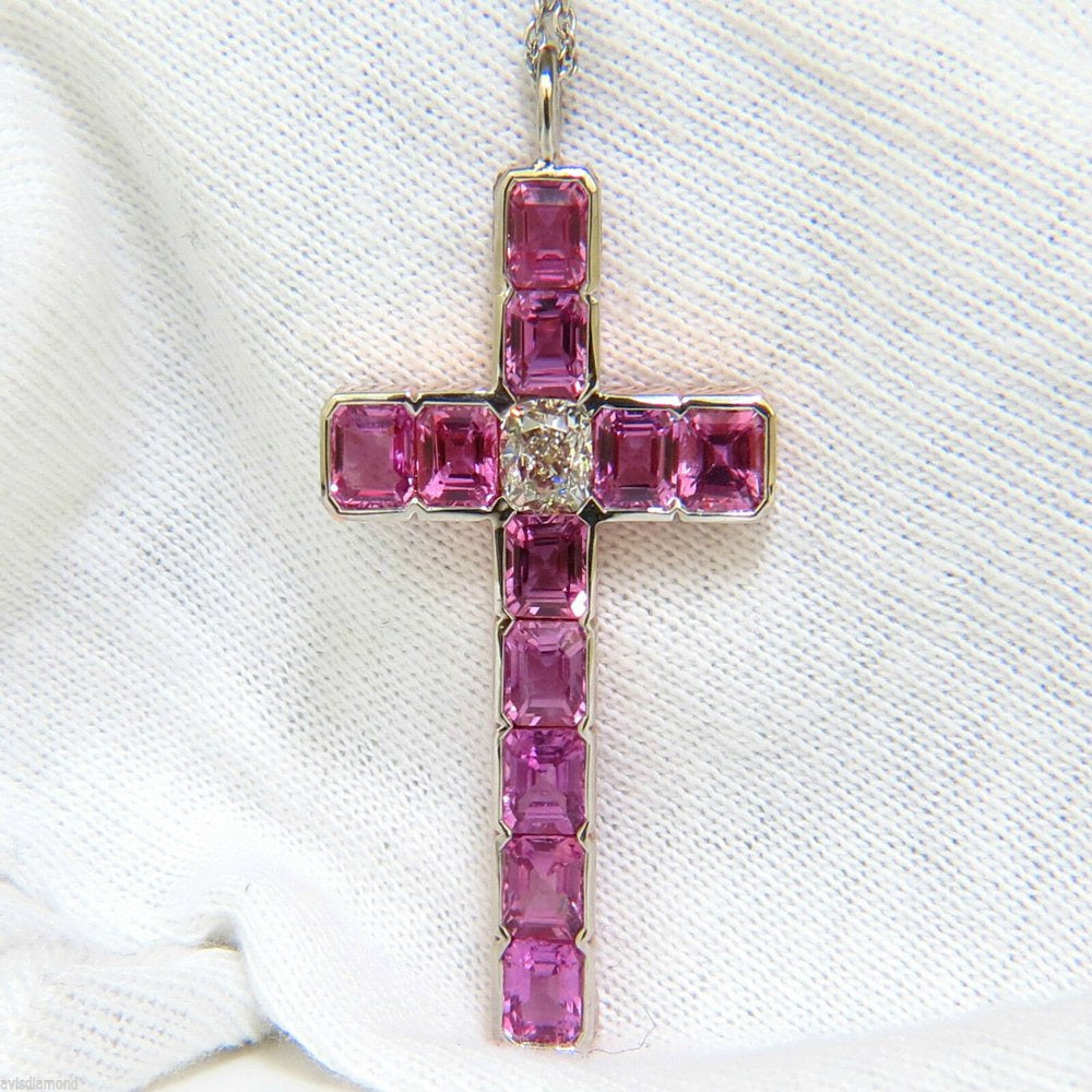 18KT GIA 10.41CT NATURAL PINK SAPPHIRE DIAMOND CROSS PENDANT NECKLACE