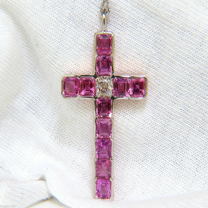 18KT GIA 10.41CT NATURAL PINK SAPPHIRE DIAMOND CROSS PENDANT NECKLACE