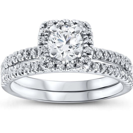 1 Cttw Cushion Halo Diamond Engagement Wedding Ring Set 10K White Gold