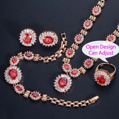CANDICE Dubai Ruby Wedding 4 Pieces Set Elegant Red Zirconia Paved Yellow Gold P