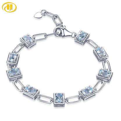 Genuine Aquamarine Solid Silver Bracelet S925 Natural Light Blue Gemstone