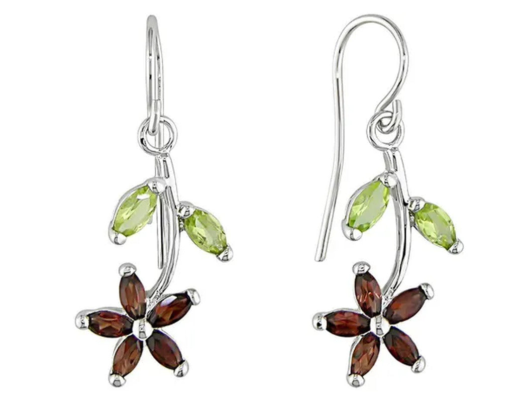 2.90 Carat (Ctw) Garnet & Peridot Flower Earrings N Sterling Silver