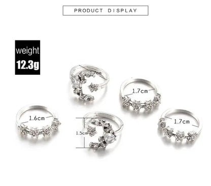 YOHAPP 5Pcs/Set Women Sterling Silver Boho Fashion Moon Diamond Ring Finger Knuc