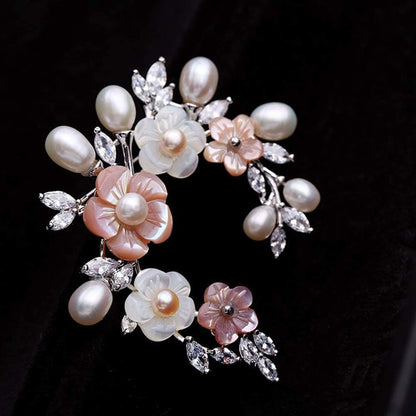 Fashion Accessorices Shell Pearl Flower Brooch Women Safety Pin White Pink