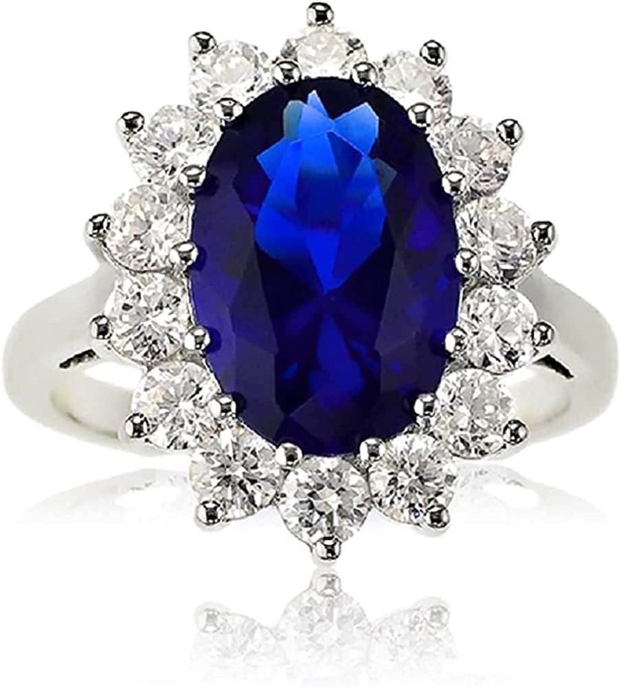 Sterling Silver Large Oval Created Blue Sapphire and Clear Cubic Zirconia Statem