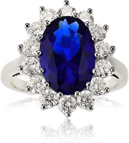 Sterling Silver Large Oval Created Blue Sapphire and Clear Cubic Zirconia Statem