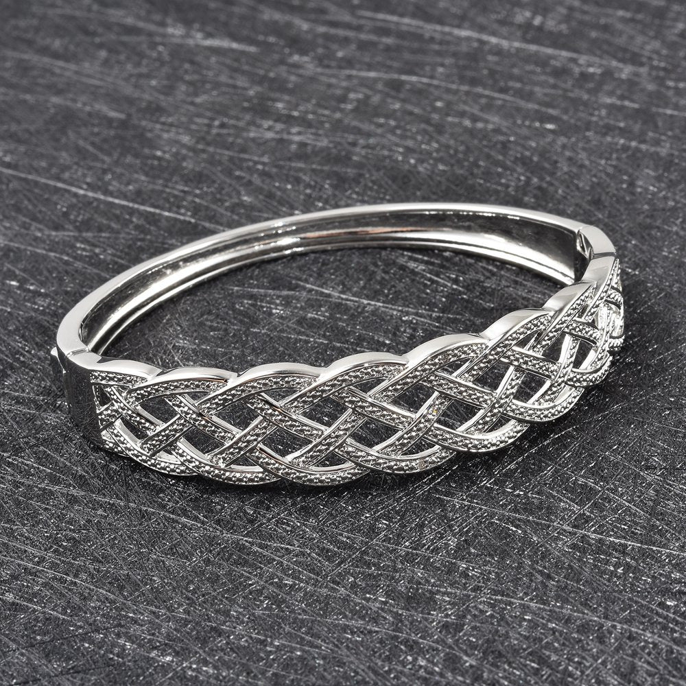 Diamond Silver Tone Weaved Bangle Cuff Bracelet 7" Ct 0.02 H-I I3"