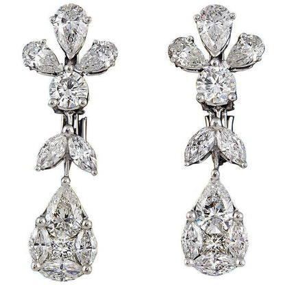 DIAMOND DANGLE DROP EARRING 3.25 CT PEAR MARQUISE ROUND 18 K WHITE GOLD DROP