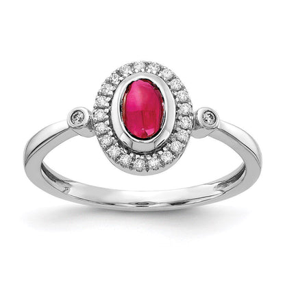 Real 14Kt White Gold Diamond and Oval Cabochon Ruby Halo Ring Size: 7; for Adult