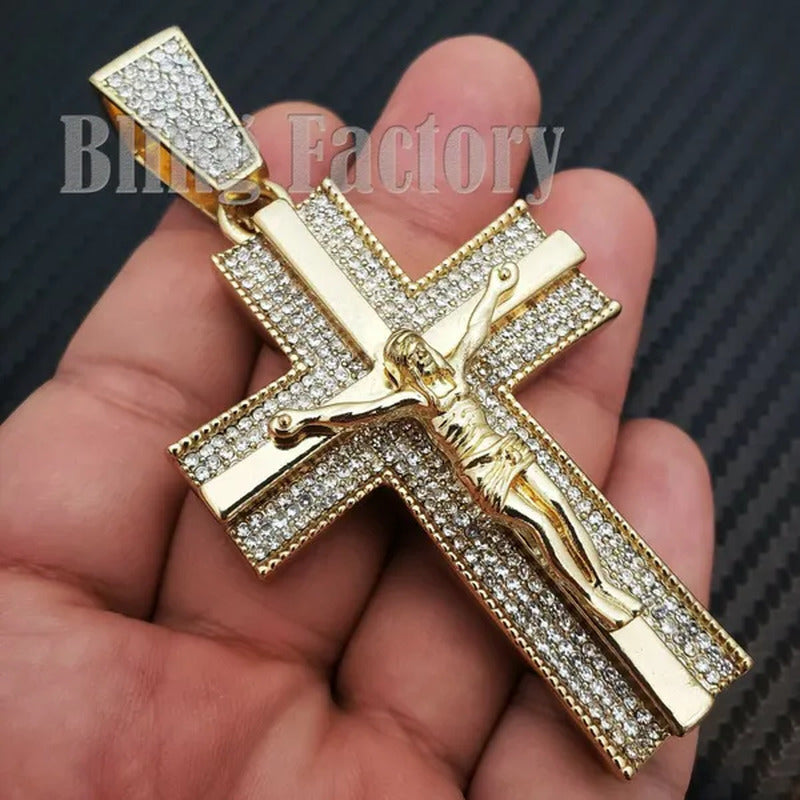 Men'S Iced Gold/Silver Hip Hop Large Holy Jesus Cross Bling Lab Diamond Charm Pe